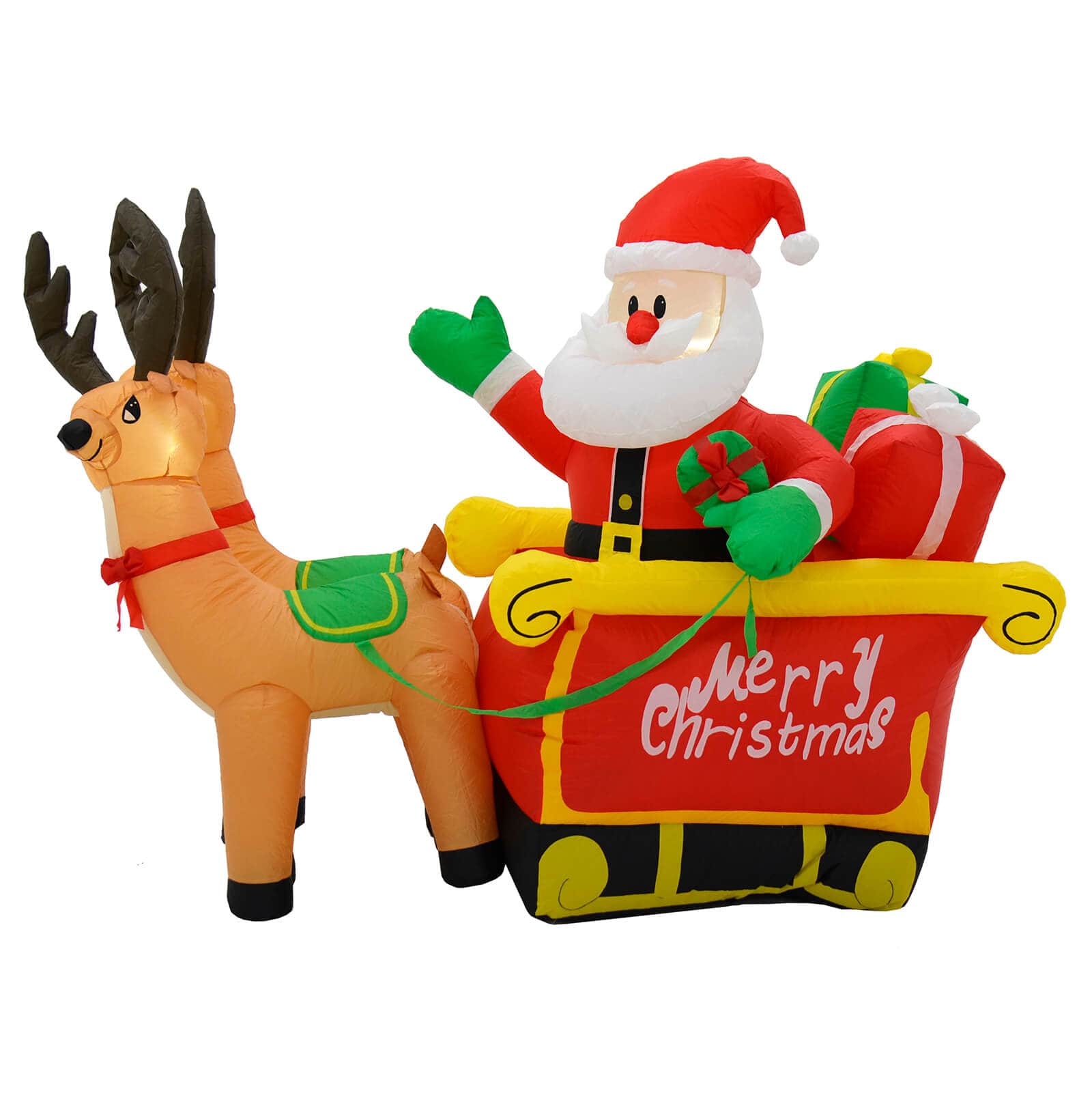 Large Christmas inflatable decoration with Santa in sleigh with Merry Christmas written on the side and filled with present, and 2 reindeer with red bows